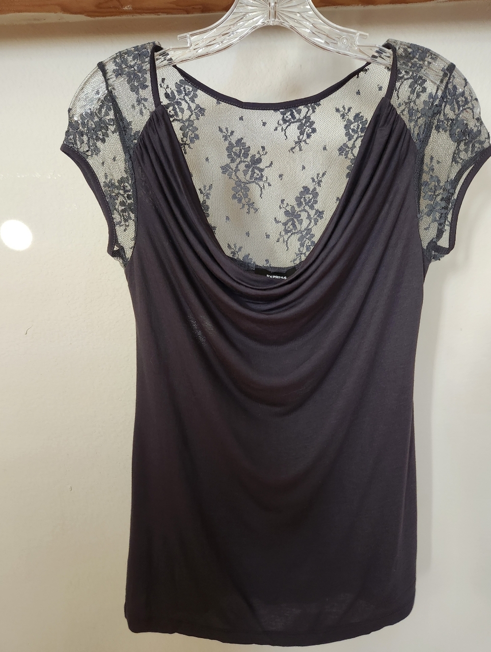 Express Dark Grey Lace-Back Draped Cowl Neck Top